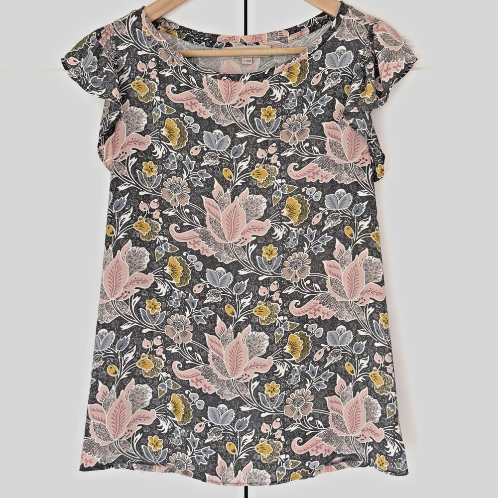 LOFT Women's Gray Floral Ruffle Sleeveless Top Size Small
